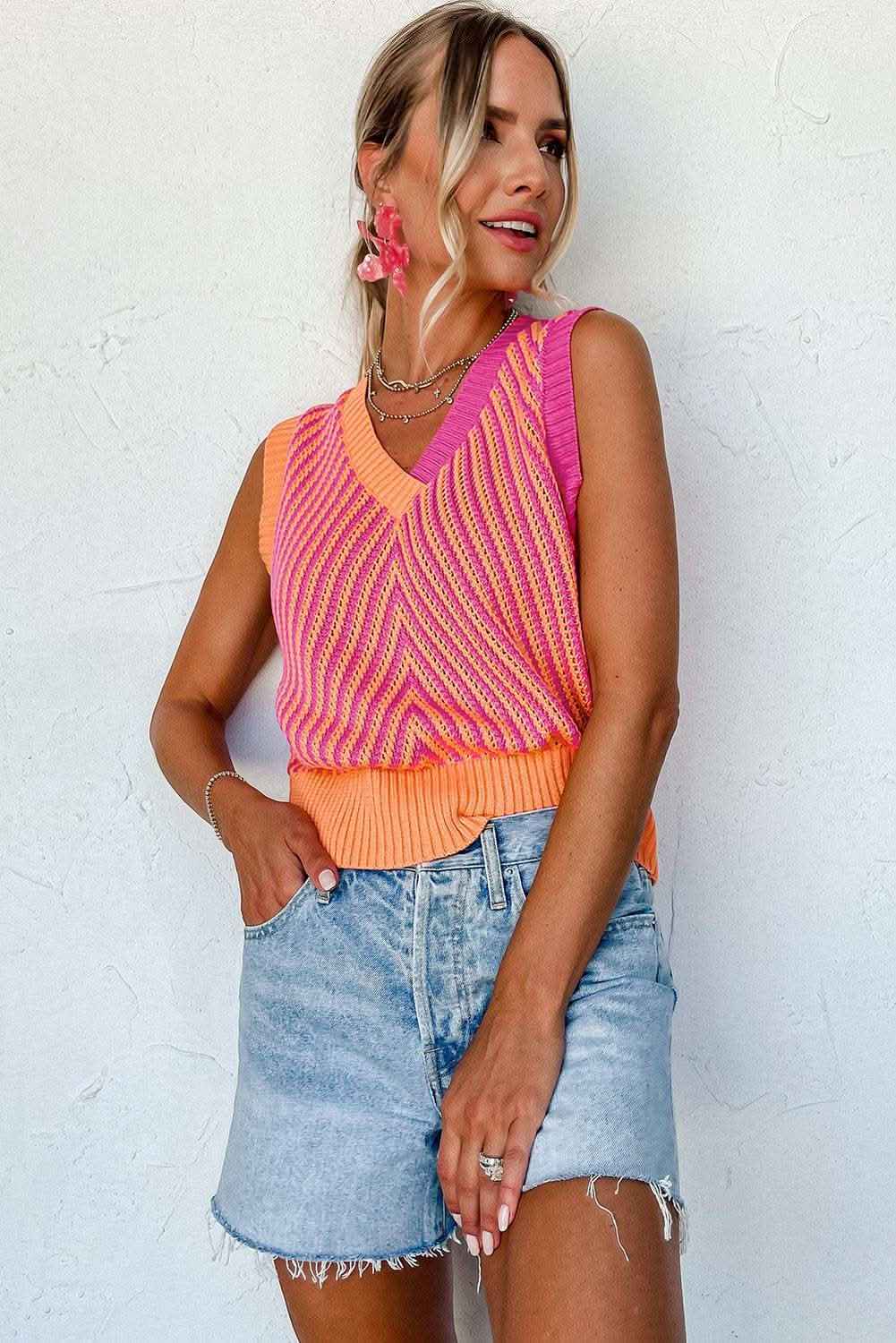 Sky Blue Contrast Chevron Knit V Neck Sweater Vest