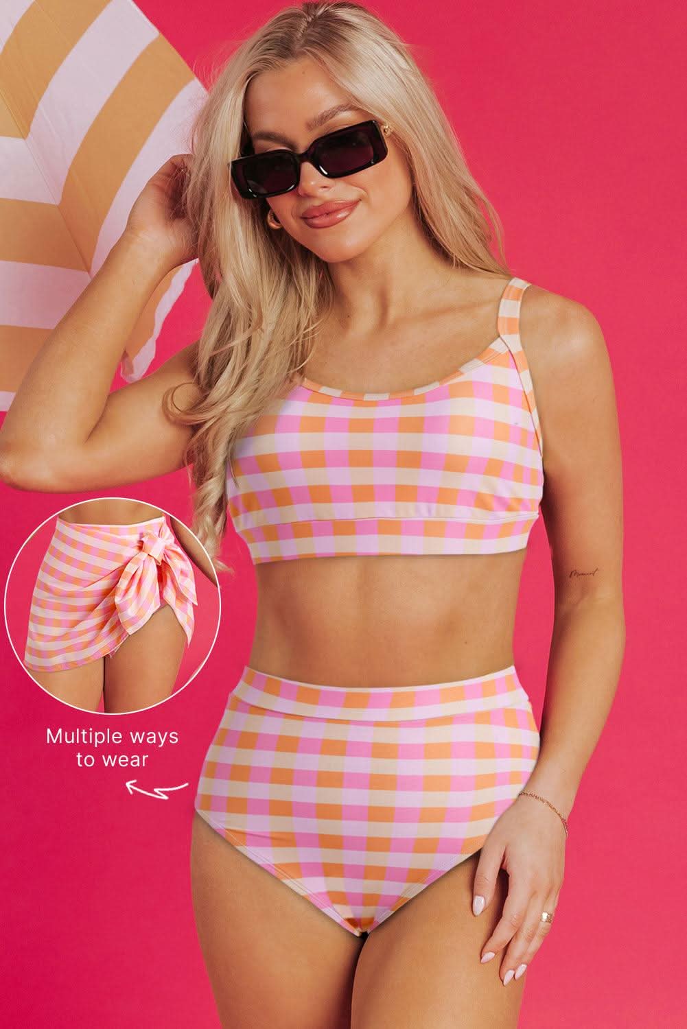 Pink 3pcs gingham high waist bikini set with cropped tank and sarong beachwear
