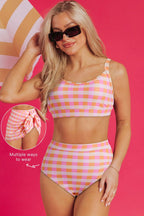 Pink 3pcs gingham high waist bikini set with cropped tank and sarong beachwear