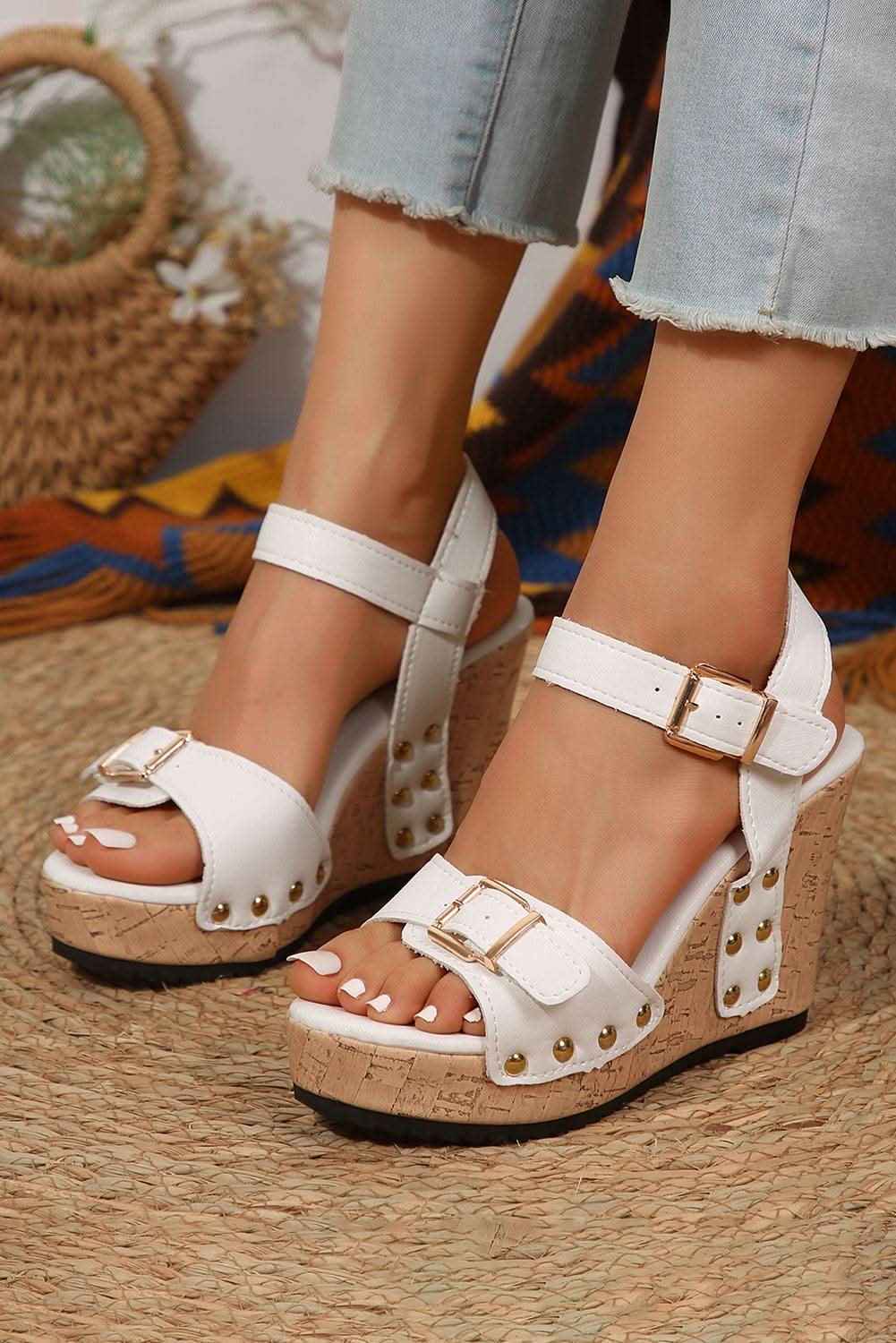Camel Rivet Buckle Closure Wedge Sandals