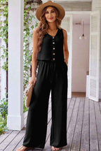 Black Buttoned Vest Drawstring Wide Leg Pants 2pcs Set
