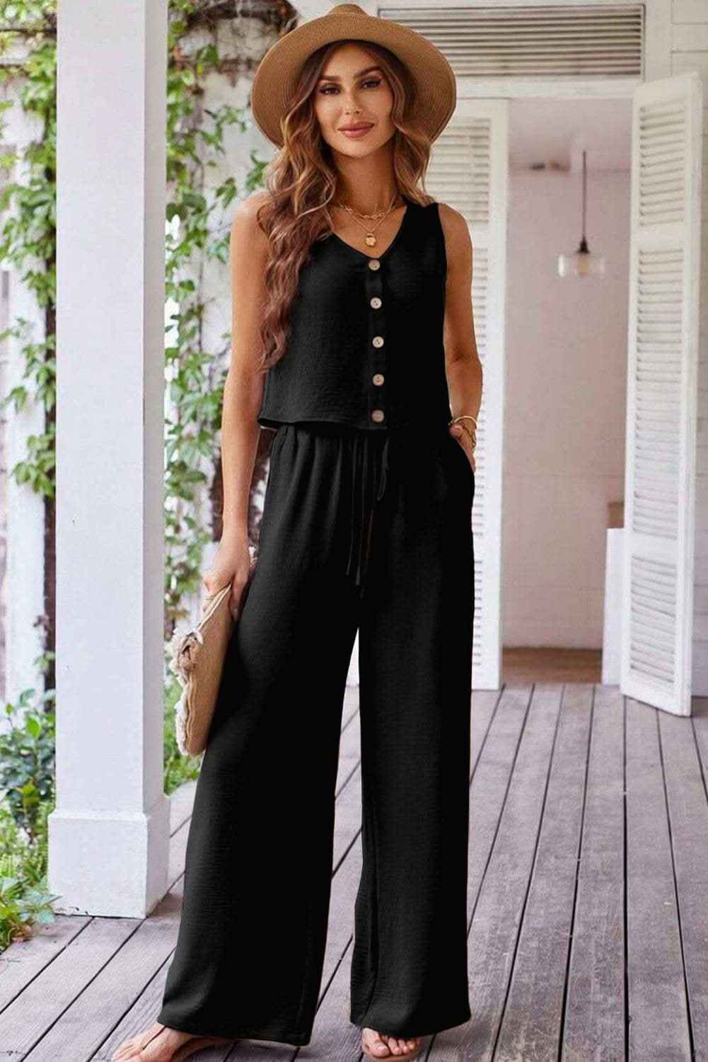 Black Buttoned Vest Drawstring Wide Leg Pants 2pcs Set