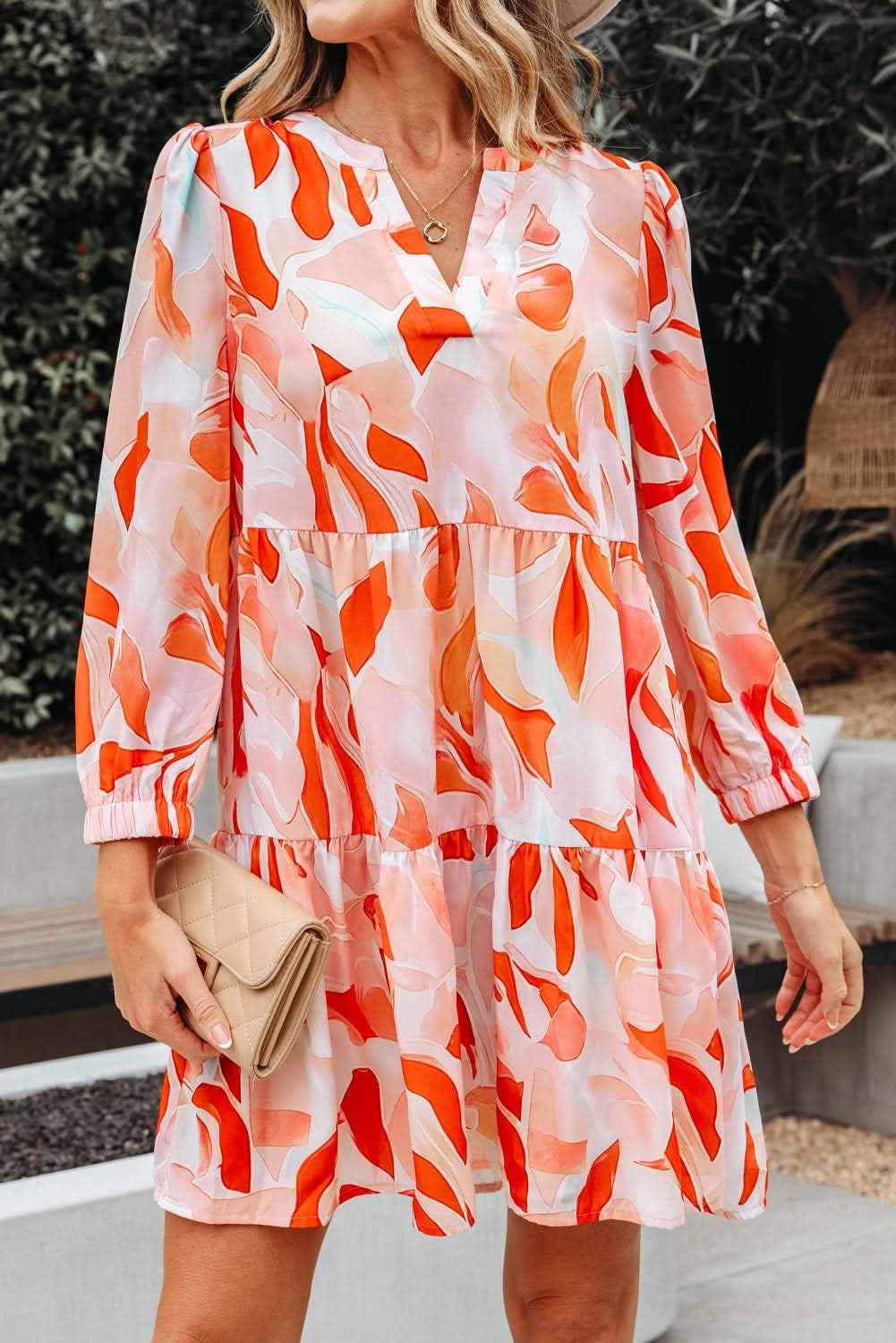 Orange Abstract Print Split Neck Long Sleeve Dress