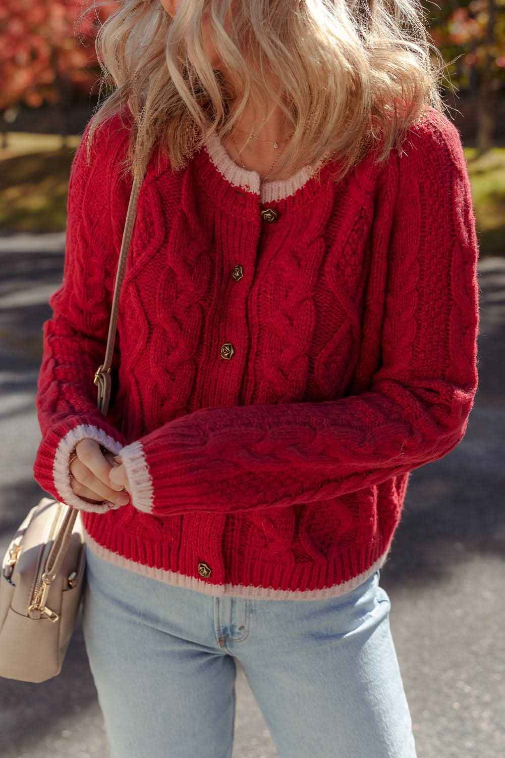 Racing Red Color Contrast Edge Cable Knit Buttoned Cardigan