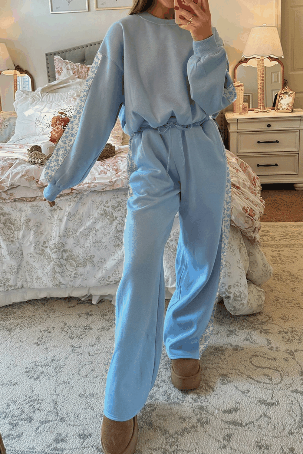 Beau Blue Floral Patchwork cozy loungewear set with drop shoulder pullover and matching elastic waist sweatpants in soft blue fabric