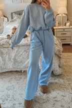 Beau Blue Floral Patchwork cozy loungewear set with drop shoulder pullover and matching elastic waist sweatpants in soft blue fabric