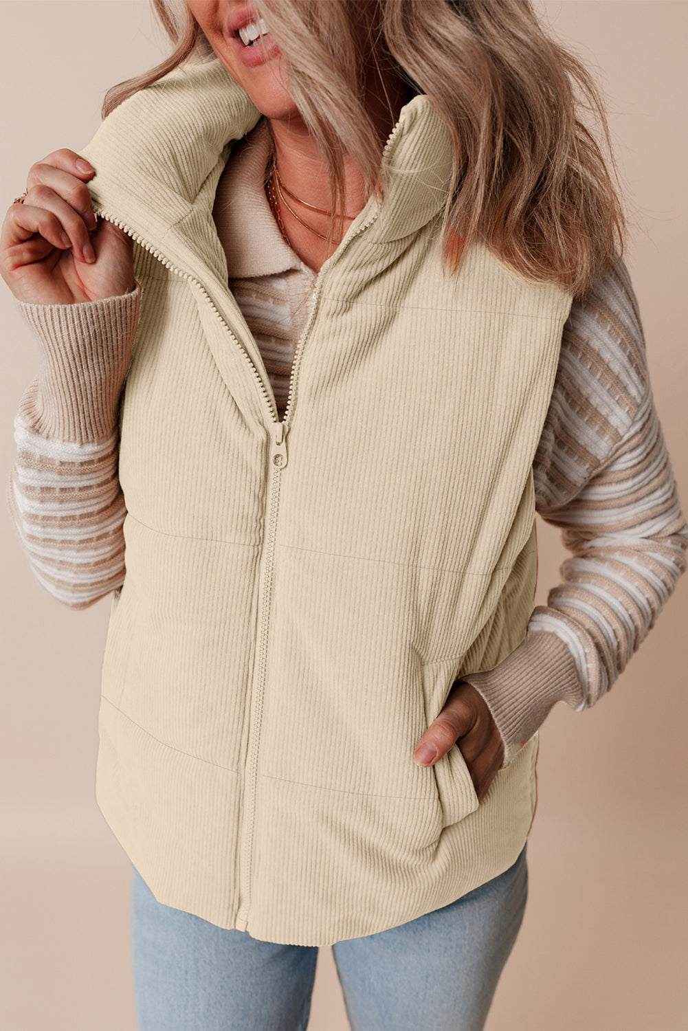 Coffee Corduroy Stand Neck Zipped Puffer Vest