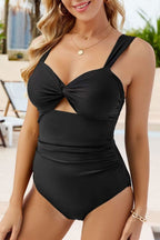 Black one-piece swimsuit with cut out twist bowknot and backless design