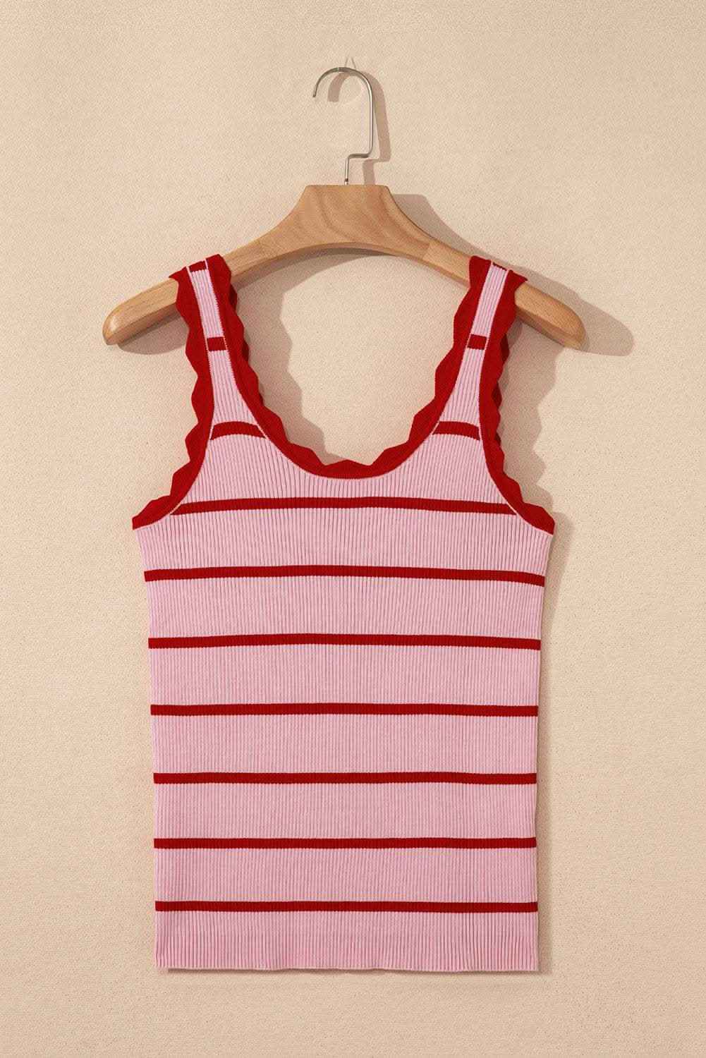 Black Striped Scalloped Edge U Neck Sleeveless Sweater Vest