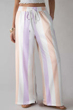 Purple stripe multicolored print loose drawstring pants with side pockets
