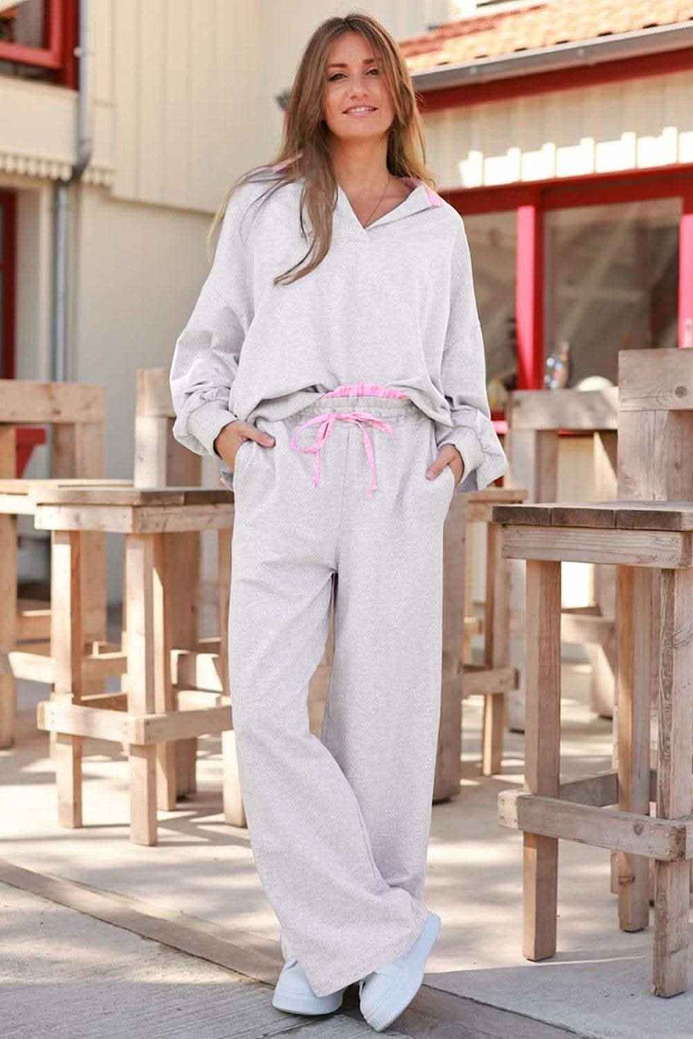 Light Grey 2pcs Contrasted Trim Frilled Collar Drop Shoulder Pullover Drawstring Pant Set