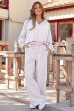 Light Grey 2pcs Contrasted Trim Frilled Collar Drop Shoulder Pullover Drawstring Pant Set