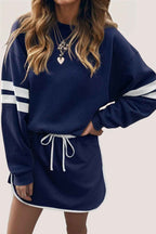 Navy Blue Varsity Stripe Detail Drop Shoulder Pullover Mini Skirt Set