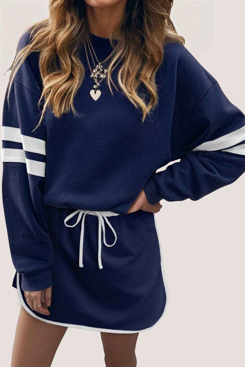Navy Blue Varsity Stripe Detail Drop Shoulder Pullover Mini Skirt Set