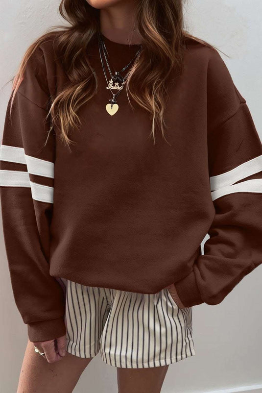Coffee varsity striped drop shoulder oversized brown sweatshirt with white sleeve stripes