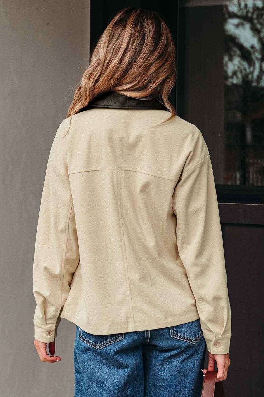 Parchment Contrast Leather Collar Textured Zip Up Jacket