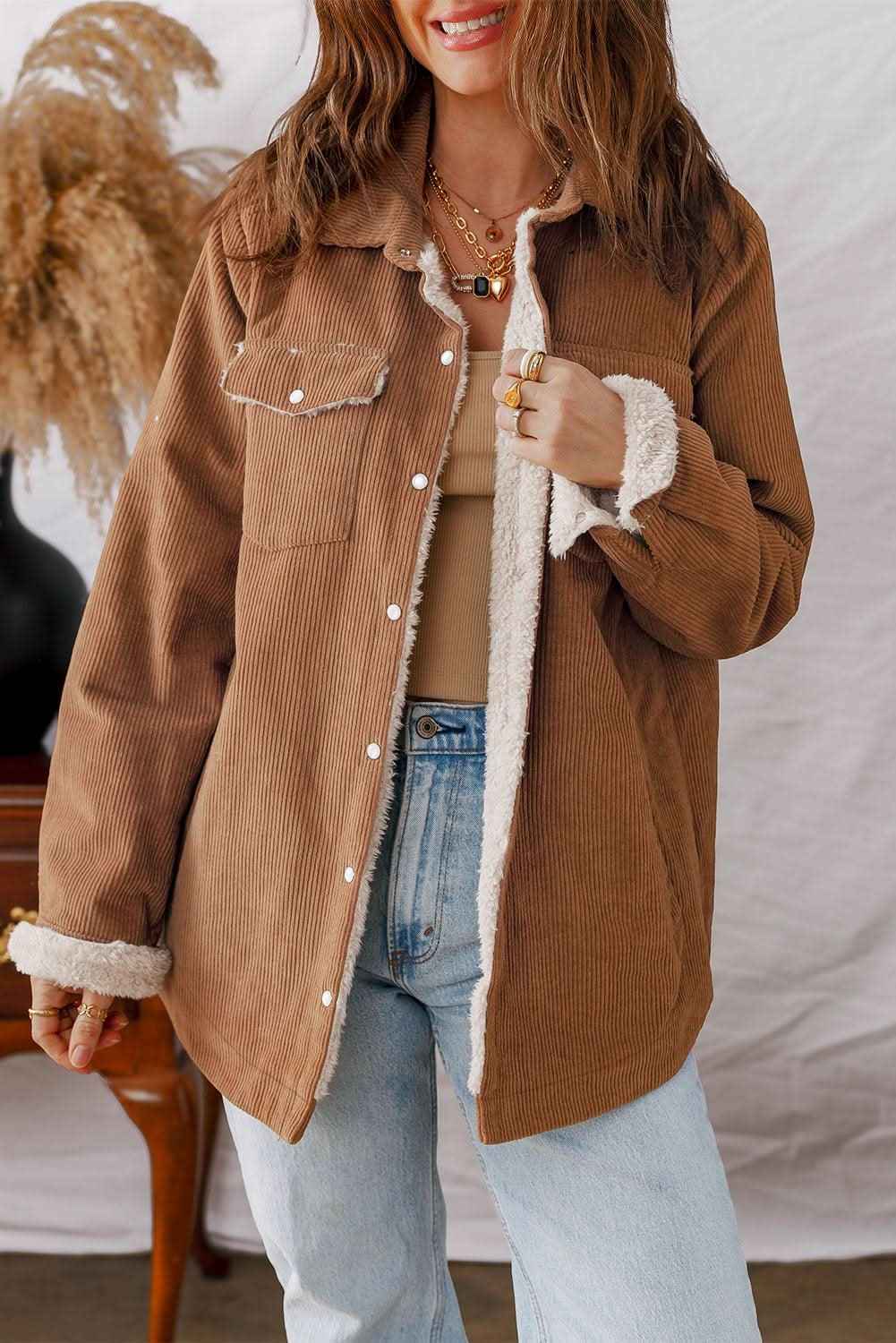 Cinnamon Fleece Lined Buttoned Flap Pockets Corduroy Jacket
