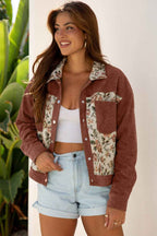 Clay Ribbed Retro Floral Patchwork Shirt Style Jacket