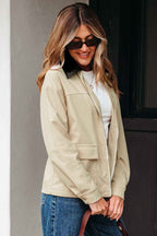 Parchment Contrast Leather Collar Textured Zip Up Jacket