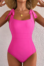 Rose red one-piece swimsuit with square neck and knotted shoulder straps