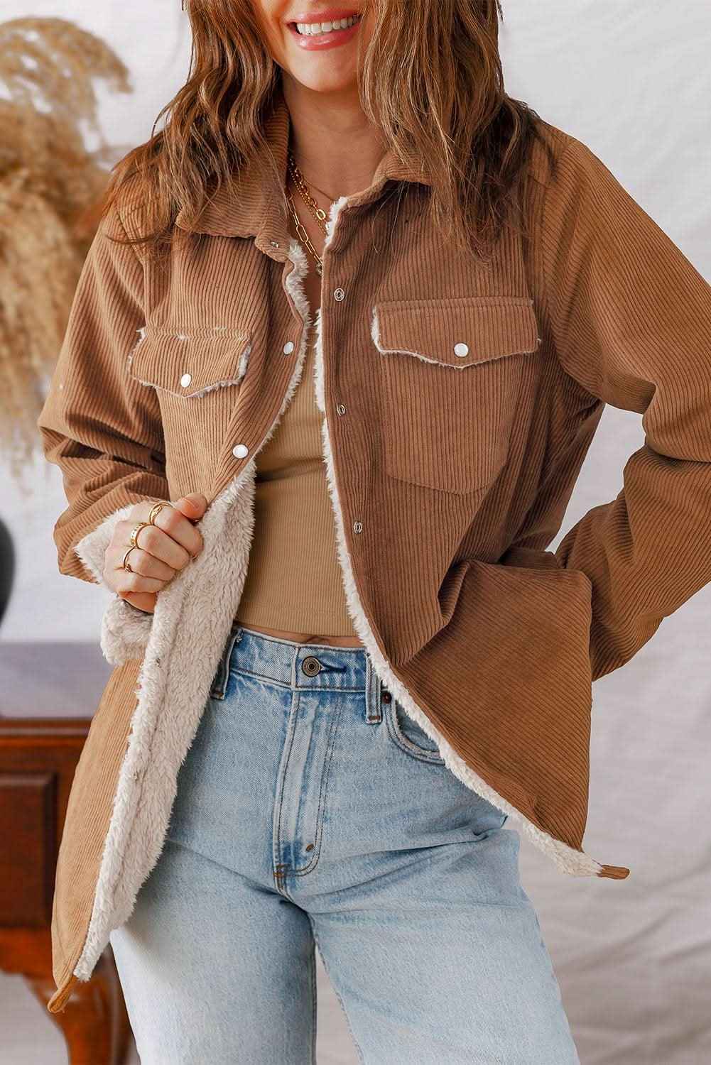 Cinnamon Fleece Lined Buttoned Flap Pockets Corduroy Jacket