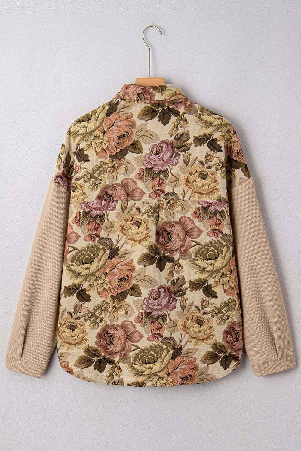 Khaki Floral Waffle Knit Patchwork Chest Pockets Buttoned Jacket