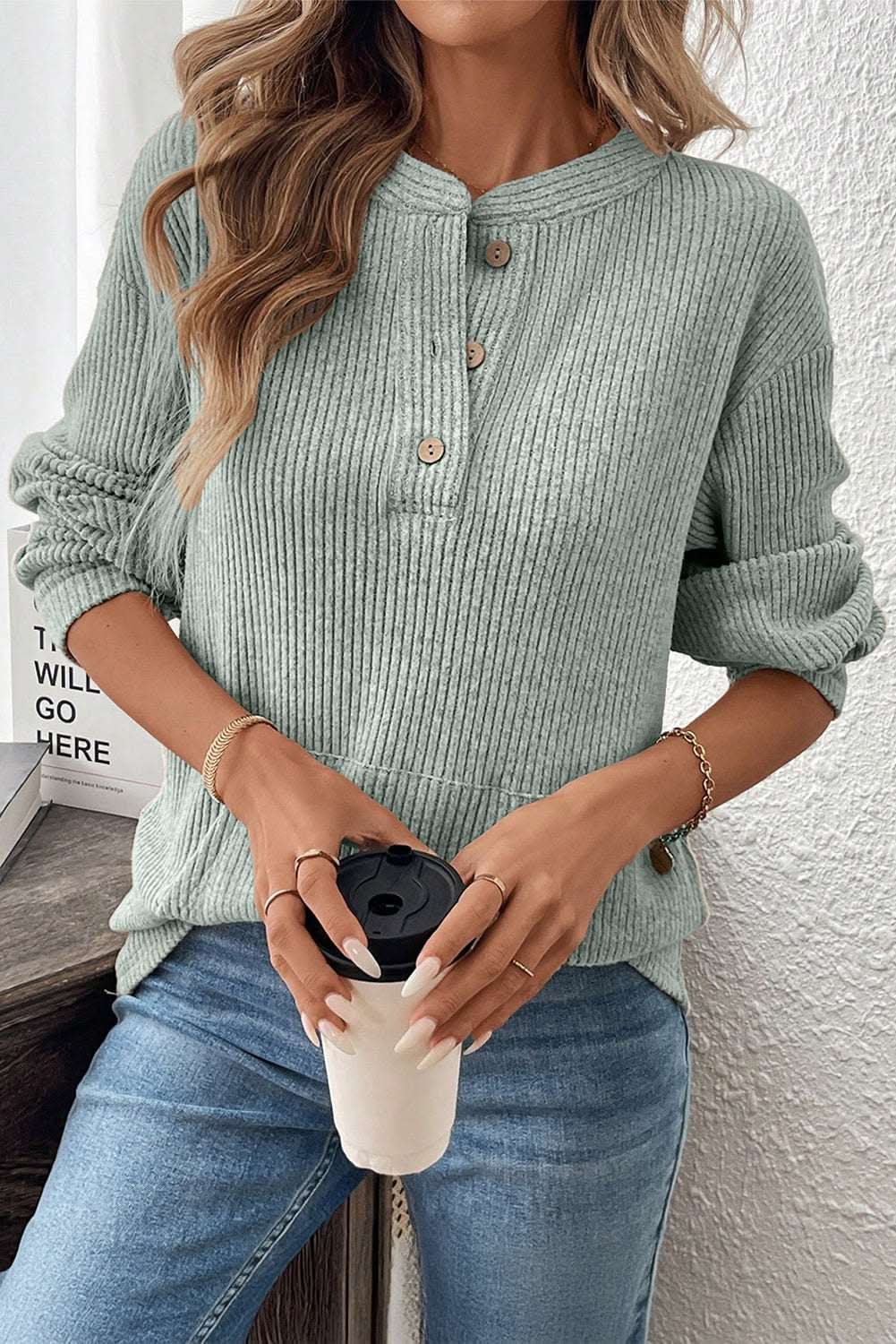 Clearly Aqua Ribbed Texture Henley knit top with drop shoulders and buttoned front pouch pocket