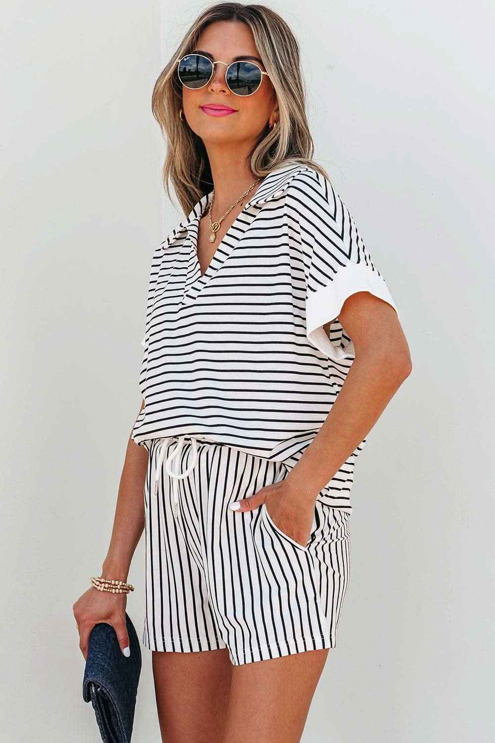 Black Stripe V Neck Tee and Casual Short Set