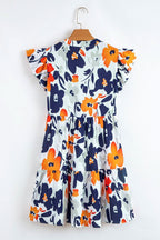 Orange Floral Print Notched Neck Flutter Sleeve Mini Dress - Rose & Ruffles