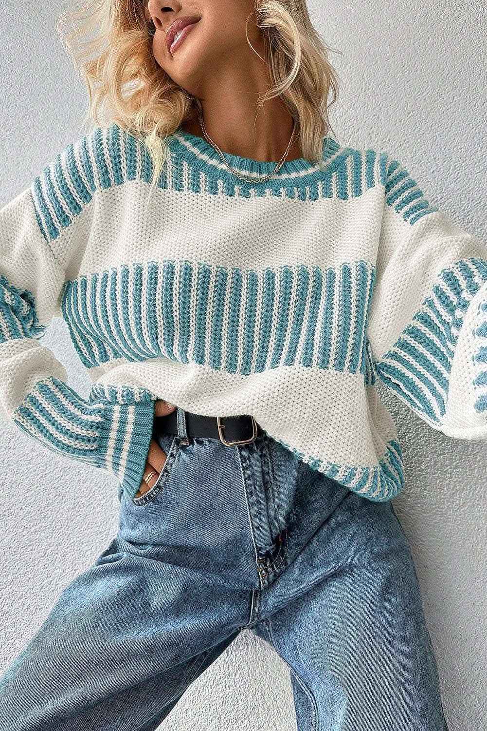 Light Blue Two Tone Striped Patchwork Drop Shoulder Loose Sweater