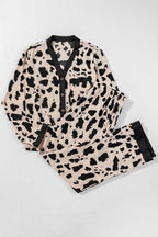 Khaki Cheetah Contrast Trim Loose Fit Two Piece Sleepwear - Rose & Ruffles