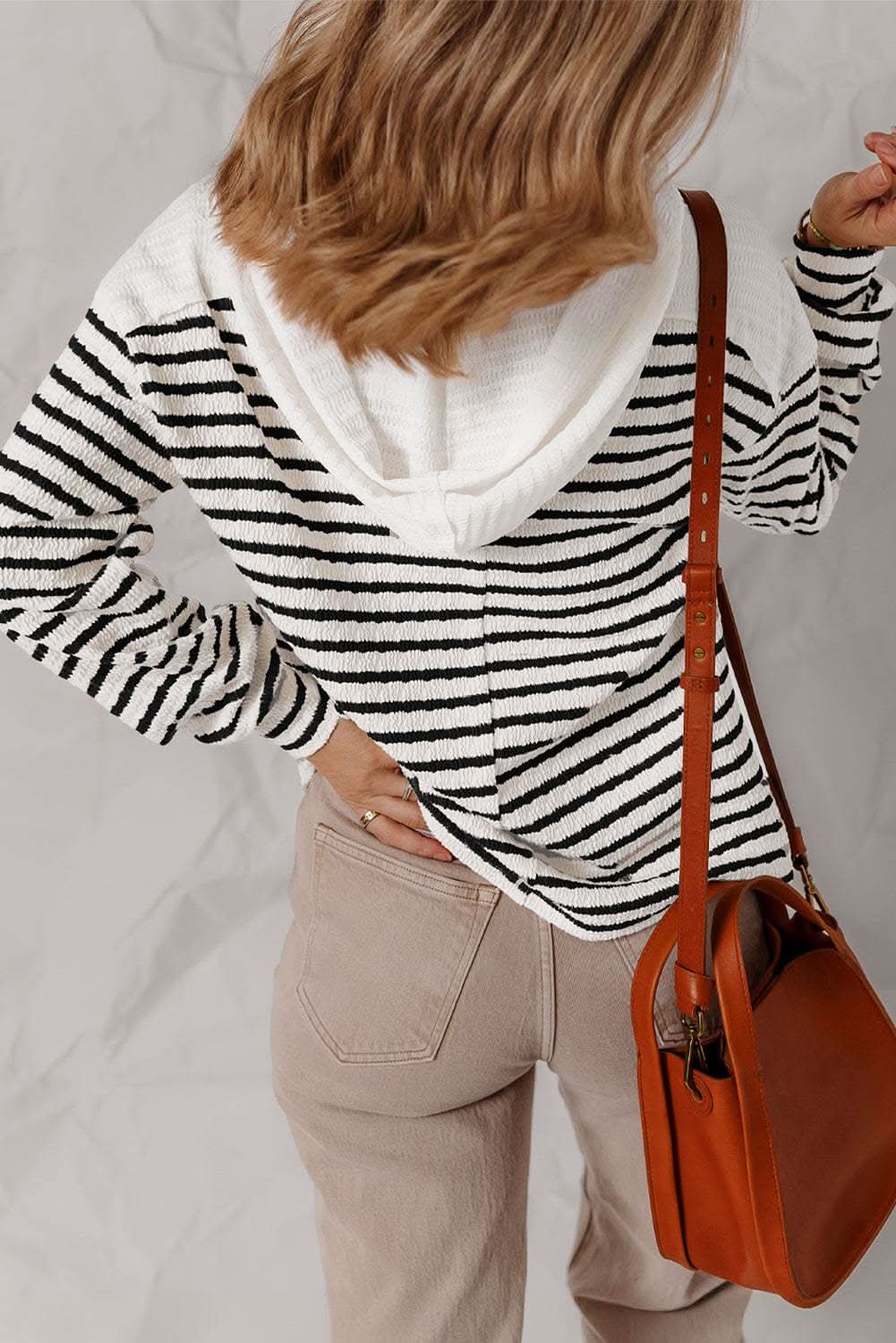 Black Stripe Textured Hooded V Neck Casual Long Sleeve Top - Rose & Ruffles
