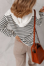 Black Stripe Textured Hooded V Neck Casual Long Sleeve Top - Rose & Ruffles