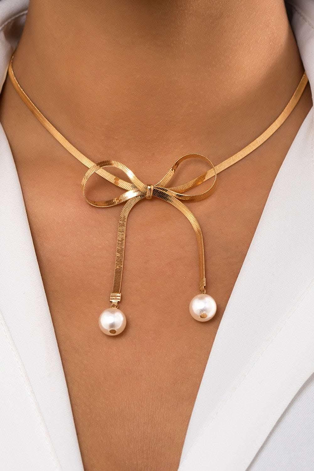 Gold Pearly Bow Plated Collarbone Necklace - Rose & Ruffles