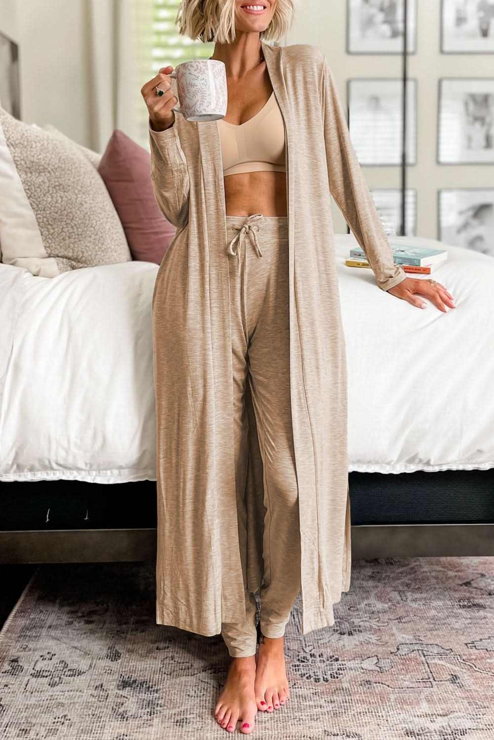 Black Split Long Cardigan and Skinny Pants Lounge Set - Rose & Ruffles