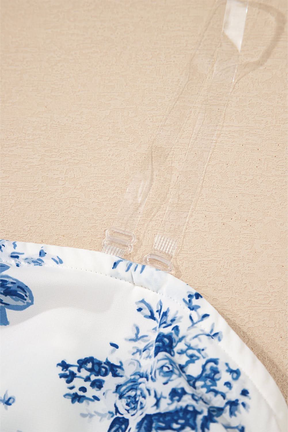 Sky Blue Floral Print Strapless Zipped Back Knot Waist Ruffled Romper - Rose & Ruffles