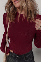 Red Dahlia Metal Ribbed Knit Long Sleeve Slim Fit Top - Rose & Ruffles