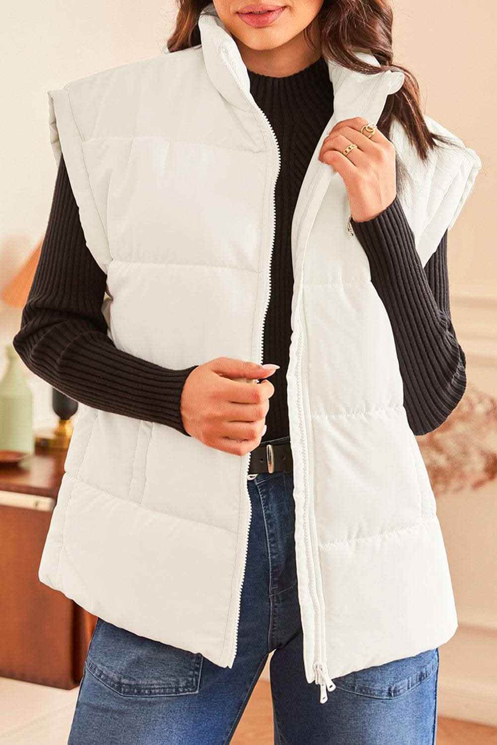 Black Solid Zipper Stand Neck Oversized Puffer Vest
