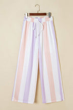 Purple Stripe Multicolored Print Drawstring Loose Pants with Side Pockets - Rose & Ruffles