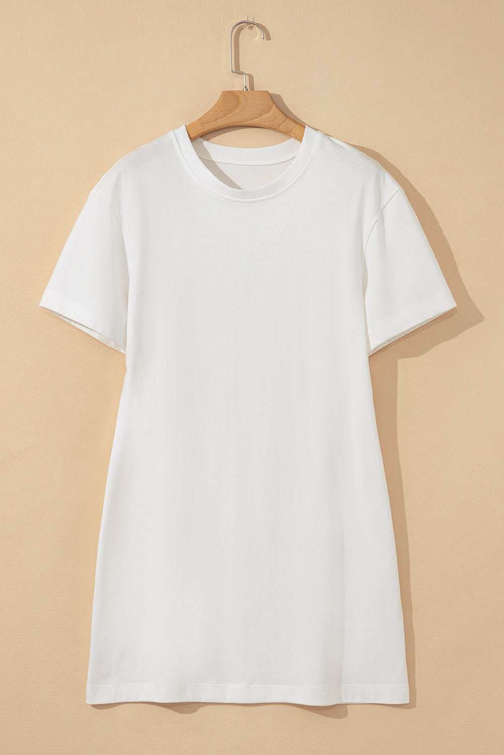 White Drop Shoulder Crew Neck Shift T Shirt Dress - Rose & Ruffles