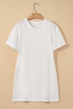 White Drop Shoulder Crew Neck Shift T Shirt Dress - Rose & Ruffles