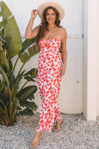 Pink Floral Print Twisted Bandeau Keyhole Pleated Wide Leg Jumpsuit - Rose & Ruffles