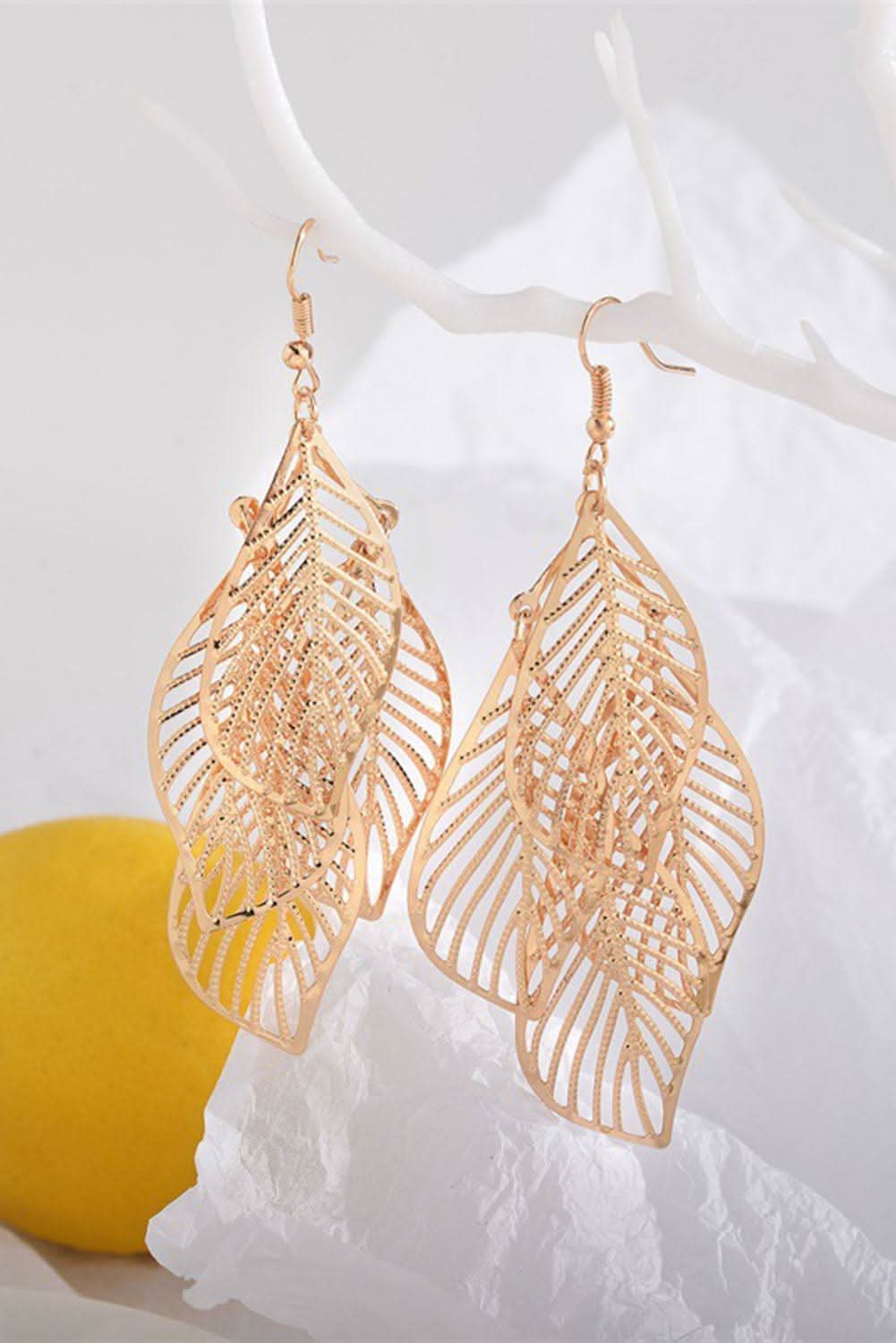 Gold Hollow Out Leaves Plated Alloy Hook Earrings - Rose & Ruffles