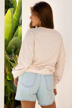 Coffee Raw Edge Flower Patch Drop Shoulder Casual Top