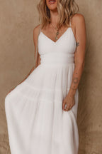 White Spaghetti Straps High Waist Elegant Long Dress - Rose & Ruffles