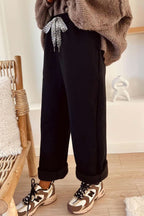 Coffee Fleece Lined Leopard Drawstring Elastic Waist Solid Pants - Rose & Ruffles