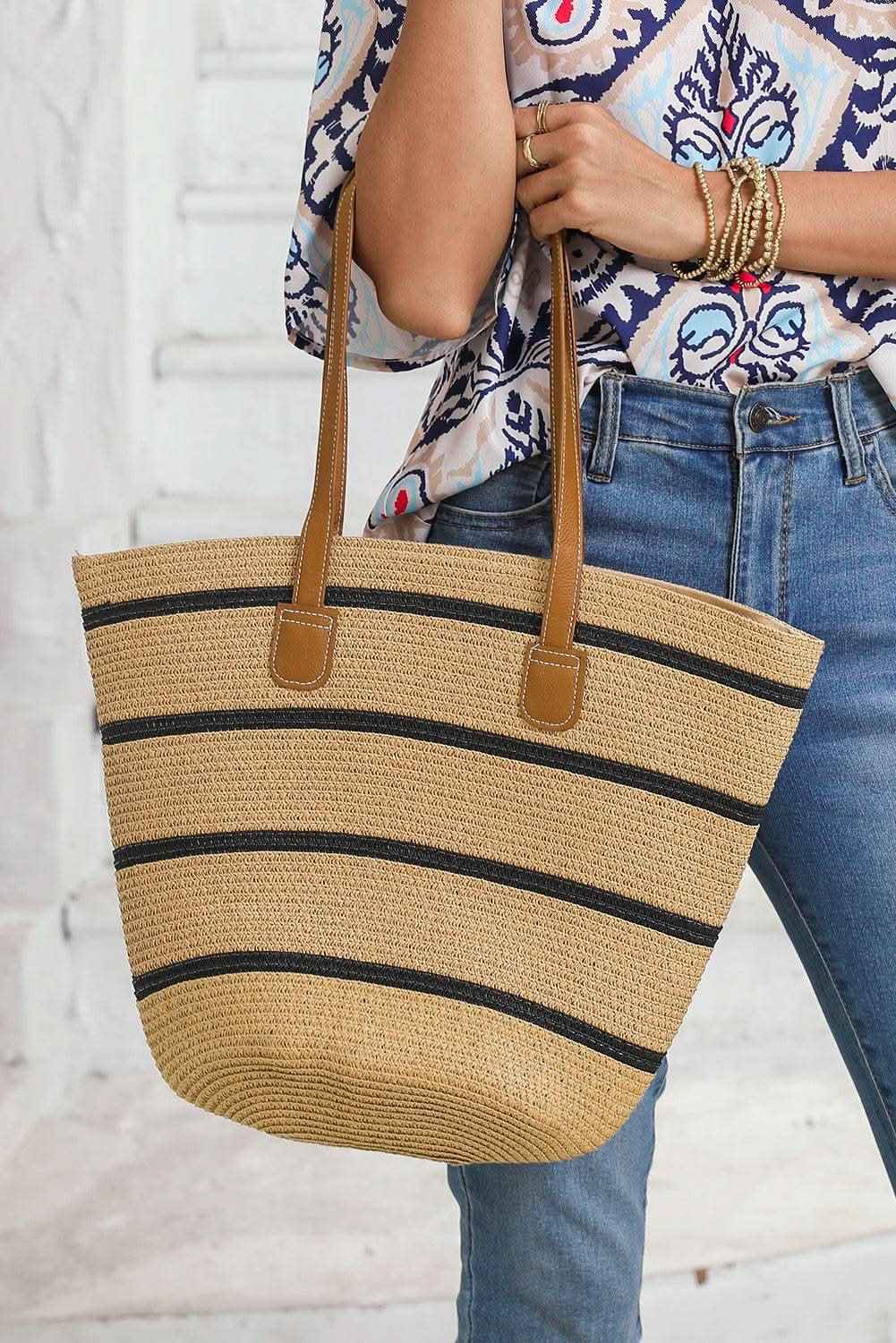 Black Straw Woven Striped Vacation One Shoulder Bag