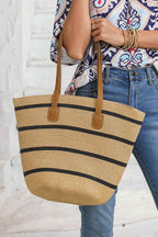 Black Straw Woven Striped Vacation One Shoulder Bag