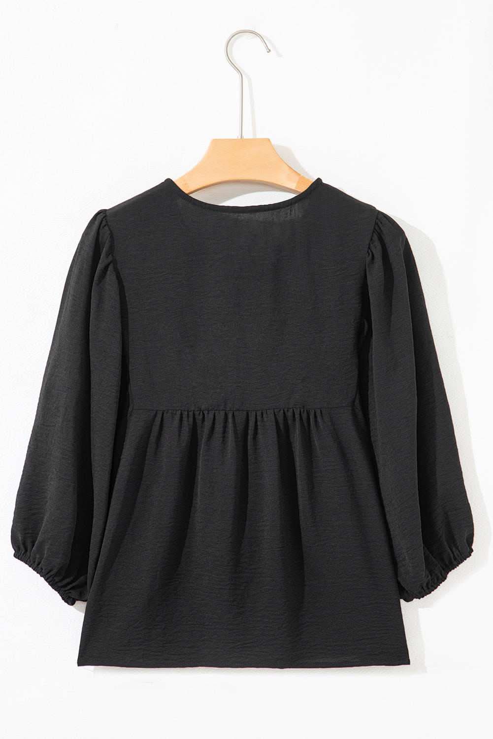 Black Bow Tie Neck 3/4 Sleeve Casual Blouse - Rose & Ruffles
