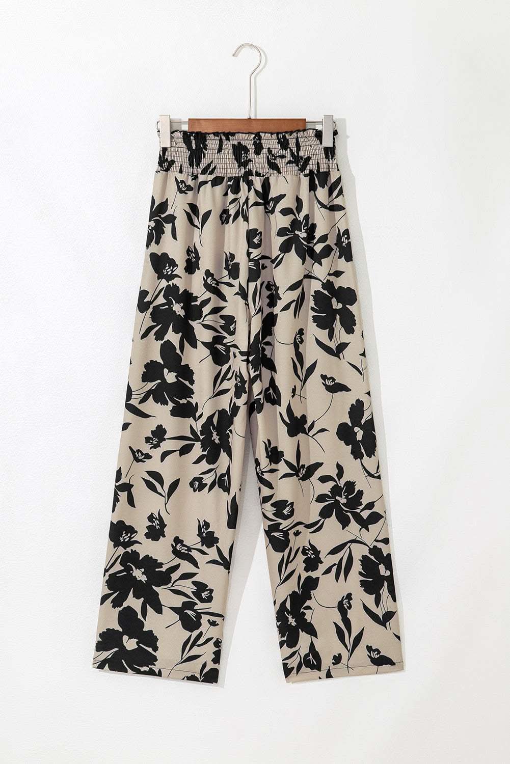 Khaki Floral Print Smocked High Waist Wide Leg Pants - Rose & Ruffles